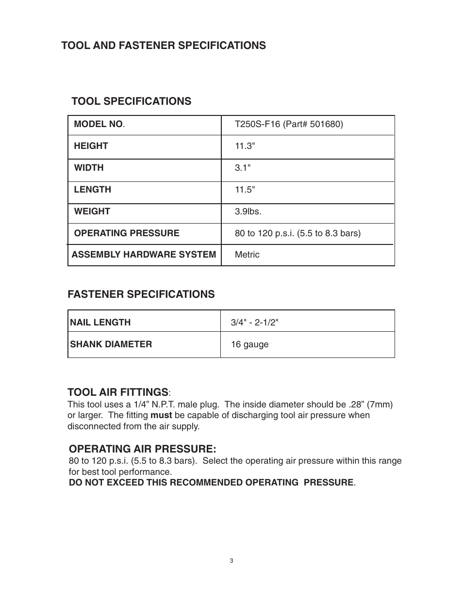 Paslode T250S-F16 16 Gauge Straight Finish Air Nailer User Manual | Page 3 / 12