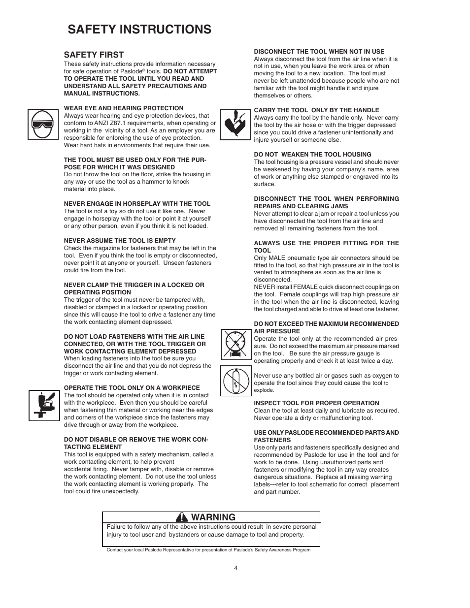 Safety instructions, Warning, Safety first | Paslode T250S-F16 16 Gauge Straight Finish Air Nailer User Manual | Page 4 / 12