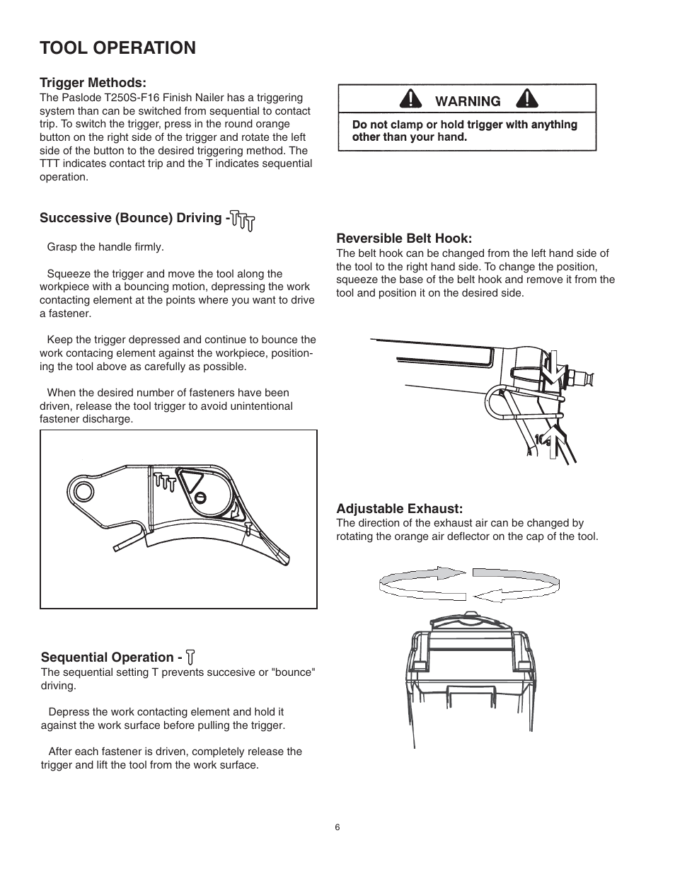 Tool operation | Paslode T250S-F16 16 Gauge Straight Finish Air Nailer User Manual | Page 6 / 12