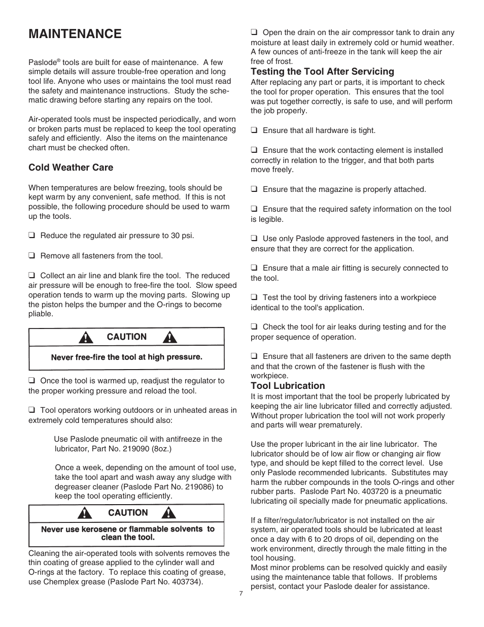 Maintenance | Paslode T250S-F16 16 Gauge Straight Finish Air Nailer User Manual | Page 7 / 12