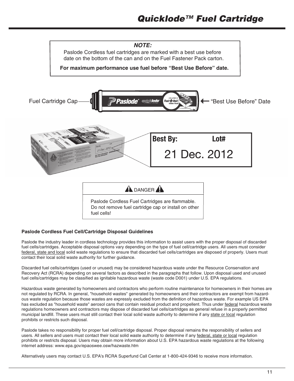 Quicklode™ fuel cartridge, Best by: lot | Paslode CF325Li Li-ion Cordless Framing User Manual | Page 11 / 40