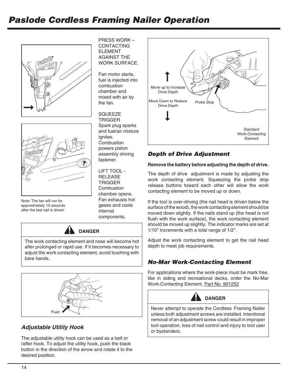 Paslode cordless framing nailer operation, Adjustable utility hook | Paslode CF325Li Li-ion Cordless Framing User Manual | Page 14 / 40