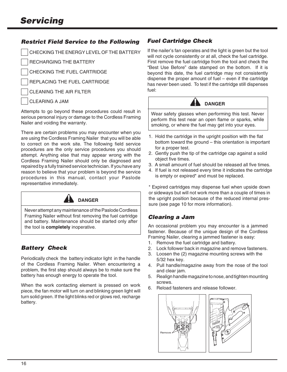 Servicing | Paslode CF325Li Li-ion Cordless Framing User Manual | Page 16 / 40