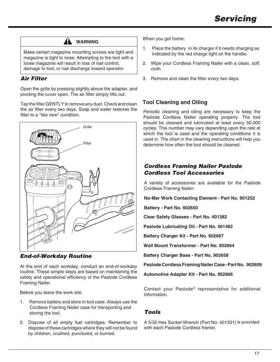 Servicing | Paslode CF325Li Li-ion Cordless Framing User Manual | Page 17 / 40