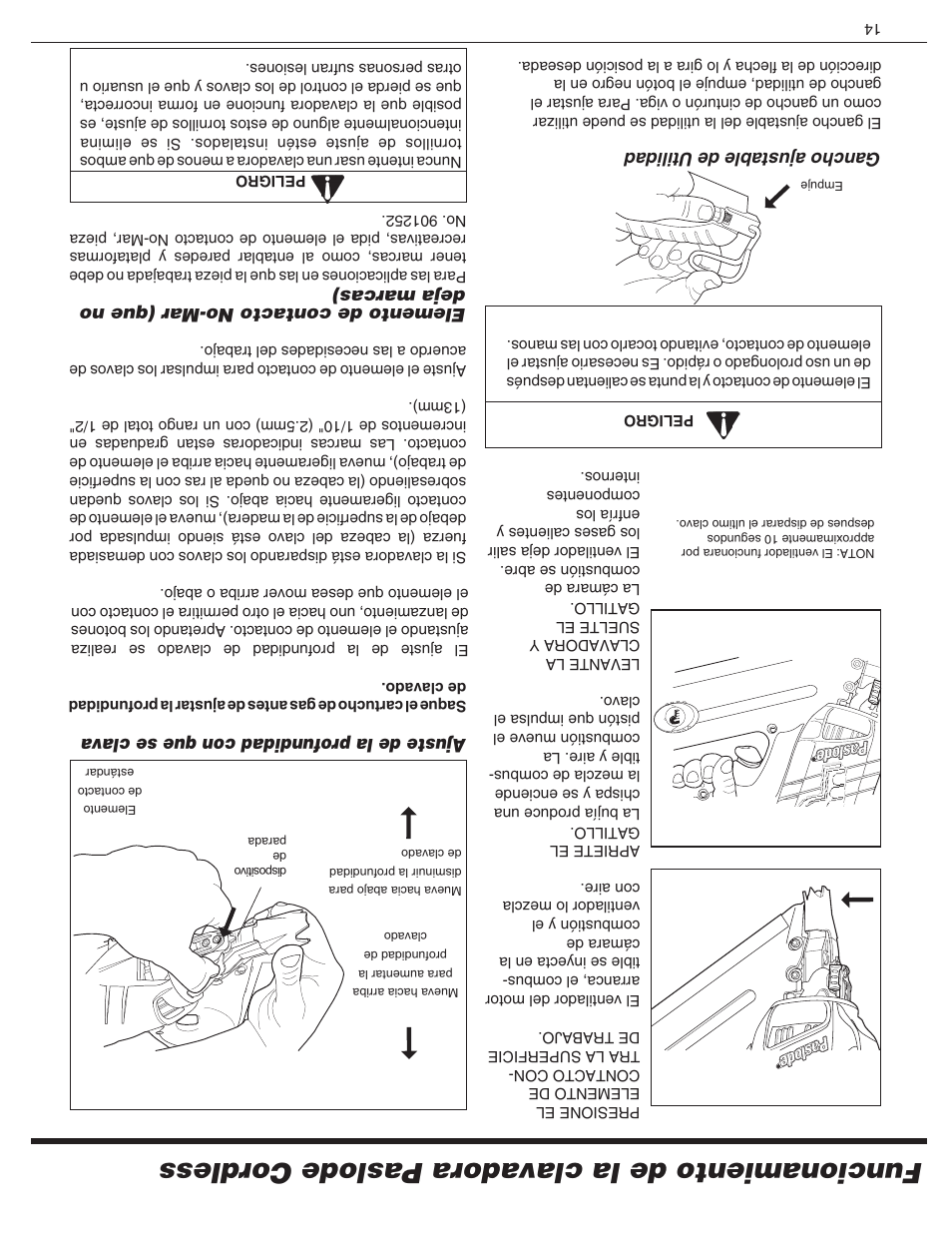 Funcionam iento de la clavadora paslode co rdless, Gancho ajustable de utilidad | Paslode CF325Li Li-ion Cordless Framing User Manual | Page 27 / 40