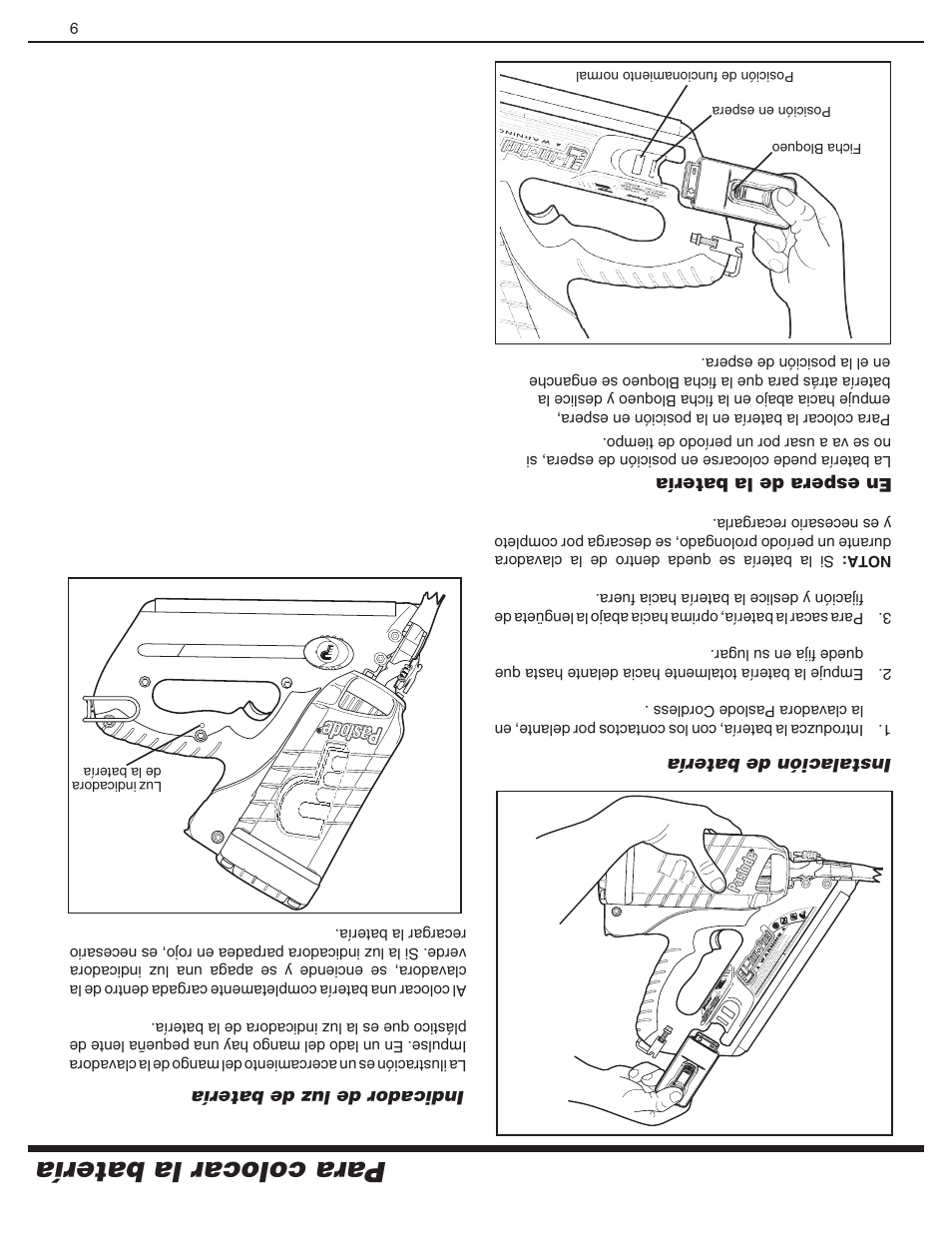 Para colocar la batería | Paslode CF325Li Li-ion Cordless Framing User Manual | Page 32 / 40