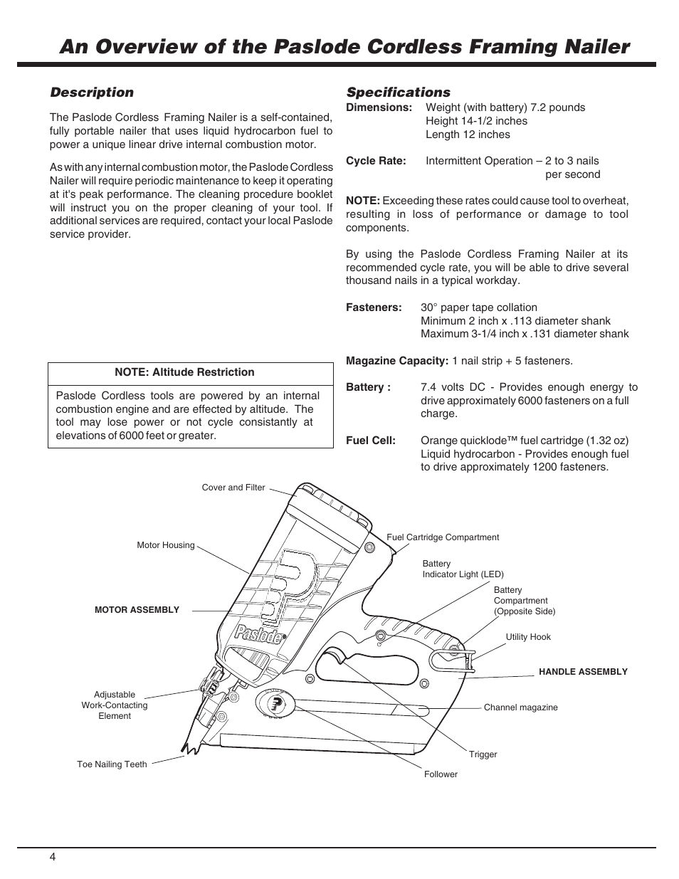 An overview of the paslode cordless framing nailer, Description, Specifications | Paslode CF325Li Li-ion Cordless Framing User Manual | Page 4 / 40