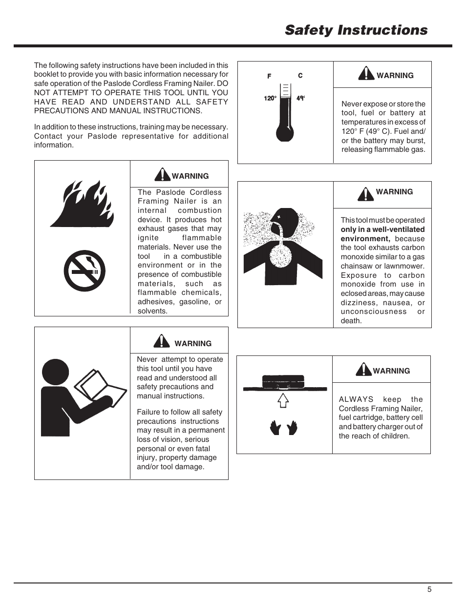 Safety instructions | Paslode CF325Li Li-ion Cordless Framing User Manual | Page 5 / 40