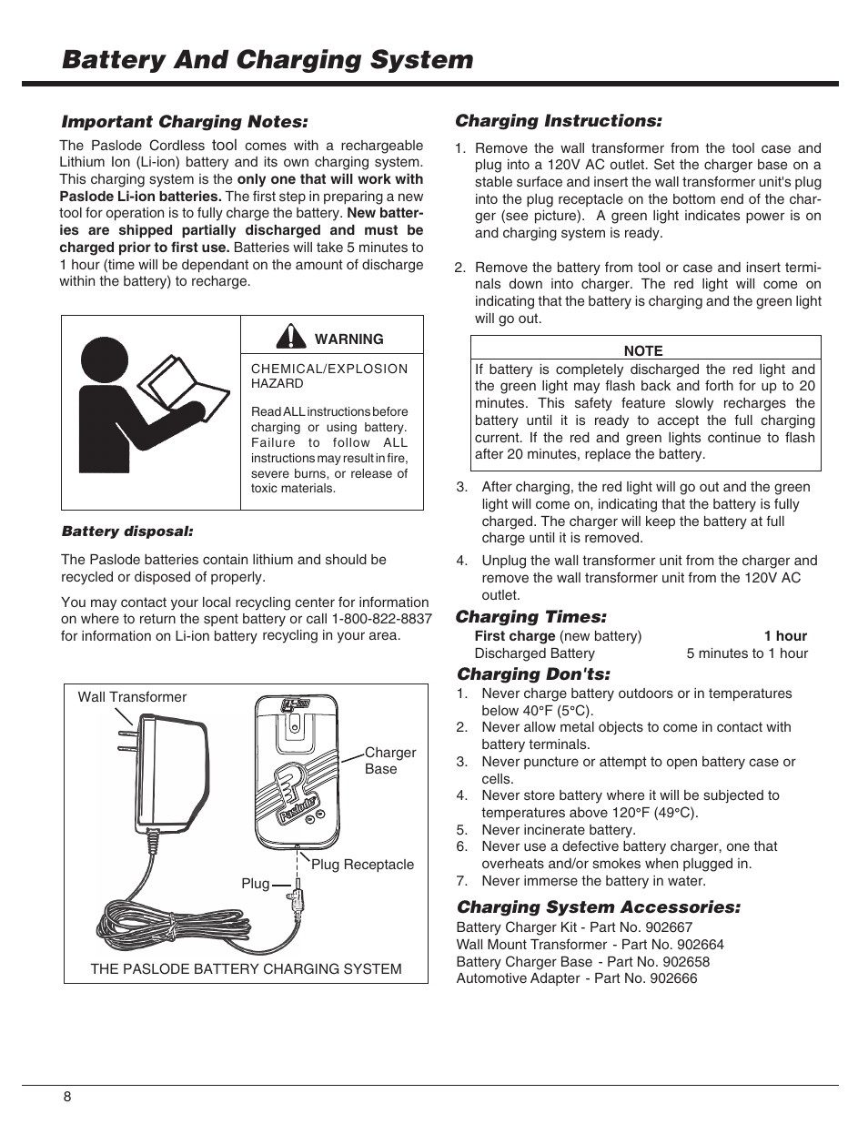 Battery and charging system | Paslode CF325Li Li-ion Cordless Framing User Manual | Page 8 / 40