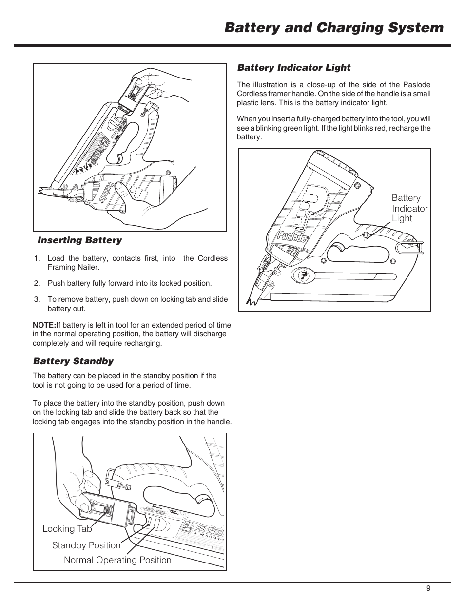 Battery and charging system, Inserting battery, Battery indicator light | Battery standby | Paslode CF325Li Li-ion Cordless Framing User Manual | Page 9 / 40