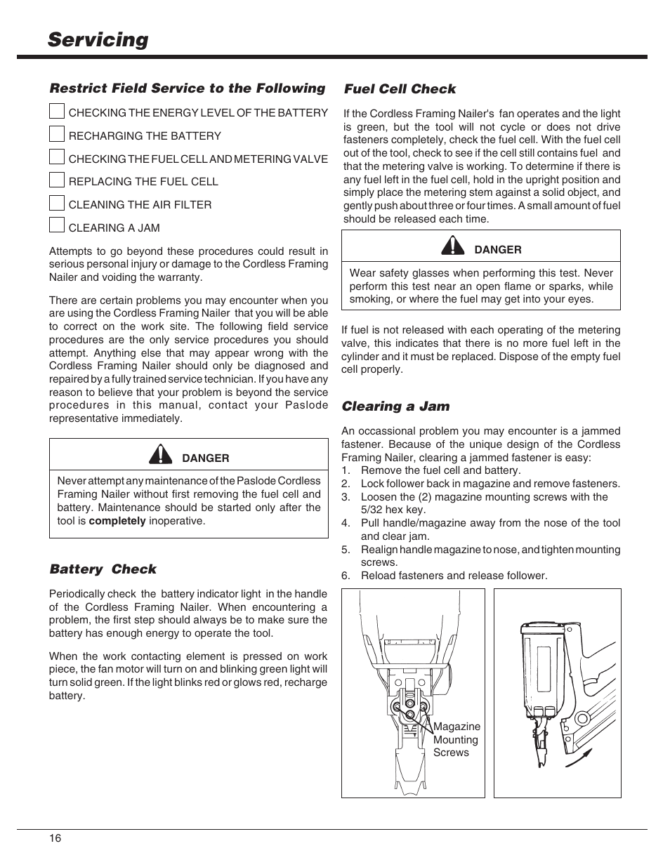 Servicing | Paslode IMCT Cordless Framing Nailer User Manual | Page 16 / 20