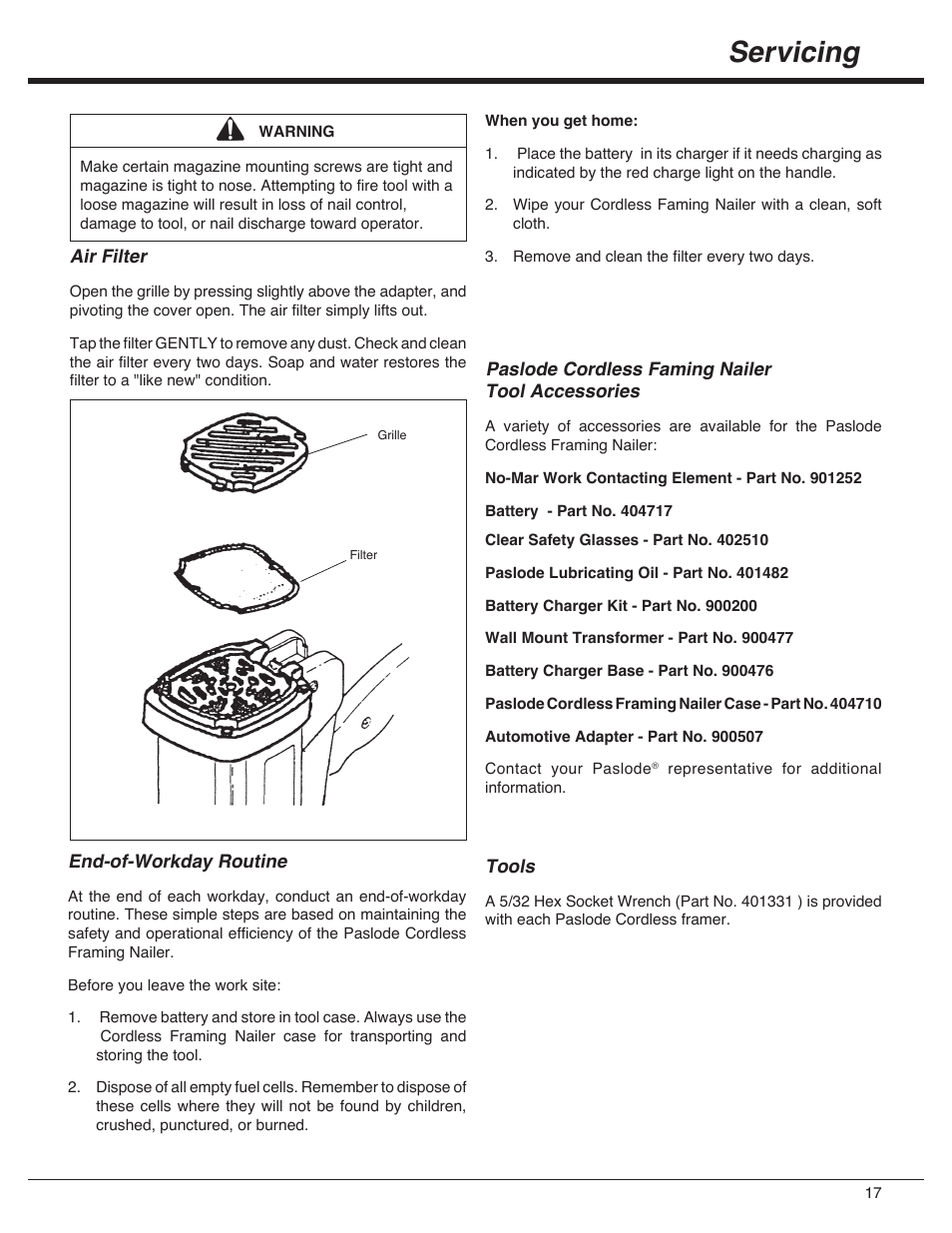 Servicing | Paslode IMCT Cordless Framing Nailer User Manual | Page 17 / 20