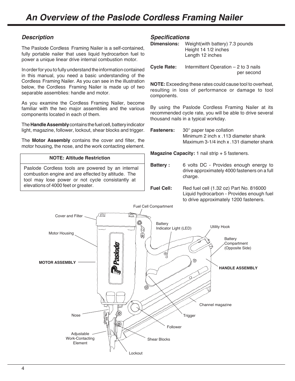 An overview of the paslode cordless framing nailer, Description, Specifications | Paslode IMCT Cordless Framing Nailer User Manual | Page 4 / 20