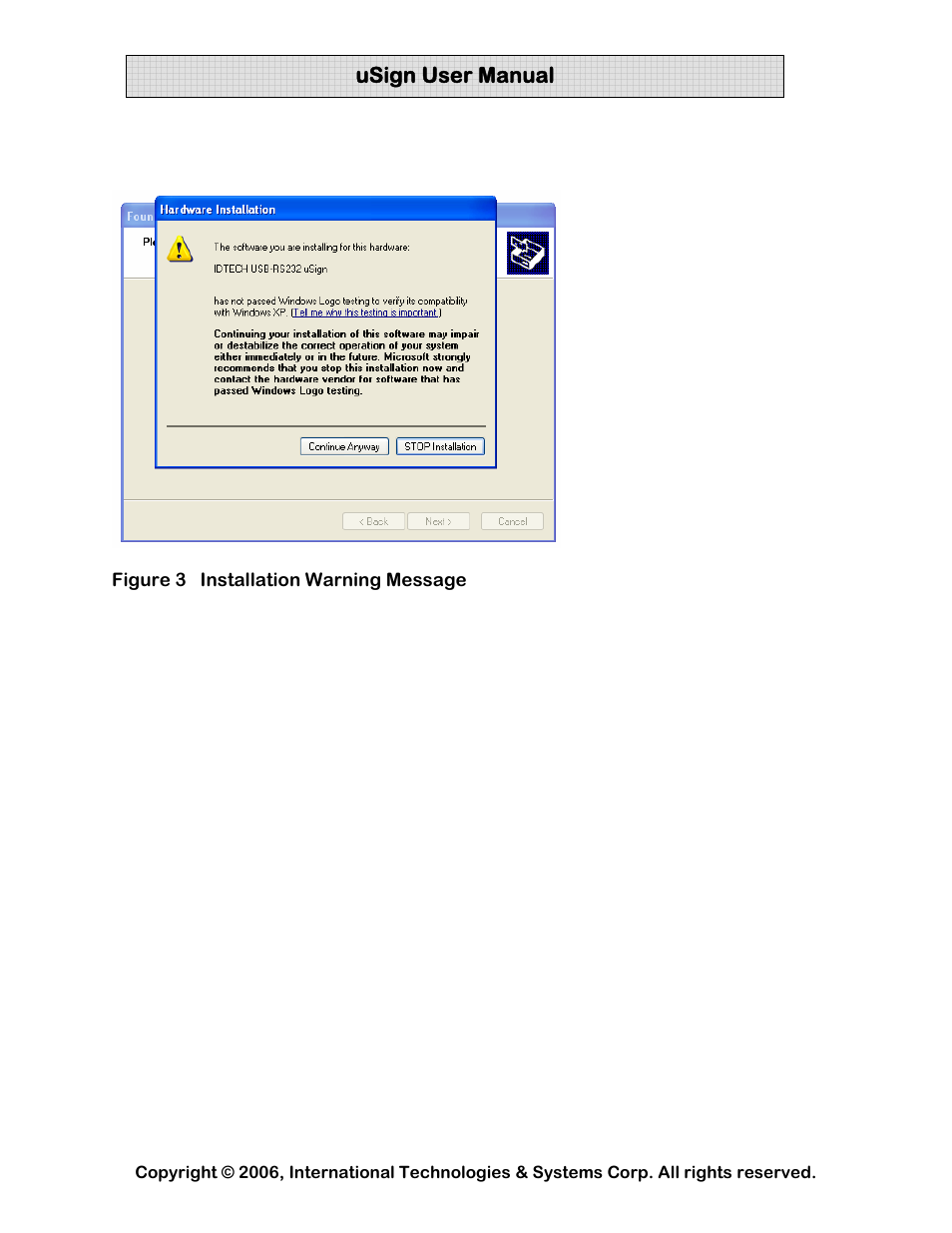 2 usb-cdc setup, 0 specifications, 1 power requirement | 2 physical housing usign 100, Usb-cdc setup, Specifications, Power requirement, Physical housing usign 100, Figure 3 installation warning message | Compaq uSign Signature Capture Module uSign 100 User Manual | Page 10 / 18