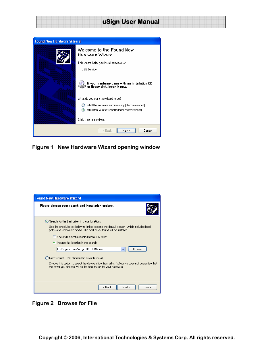 Figure 1 new hardware wizard opening window, Figure 2 browse for file | Compaq uSign Signature Capture Module uSign 100 User Manual | Page 9 / 18