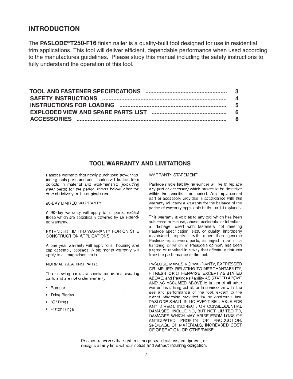 Introduction | Paslode T250-F16 16 Gauge Straight Finish Nailer User Manual | Page 2 / 8