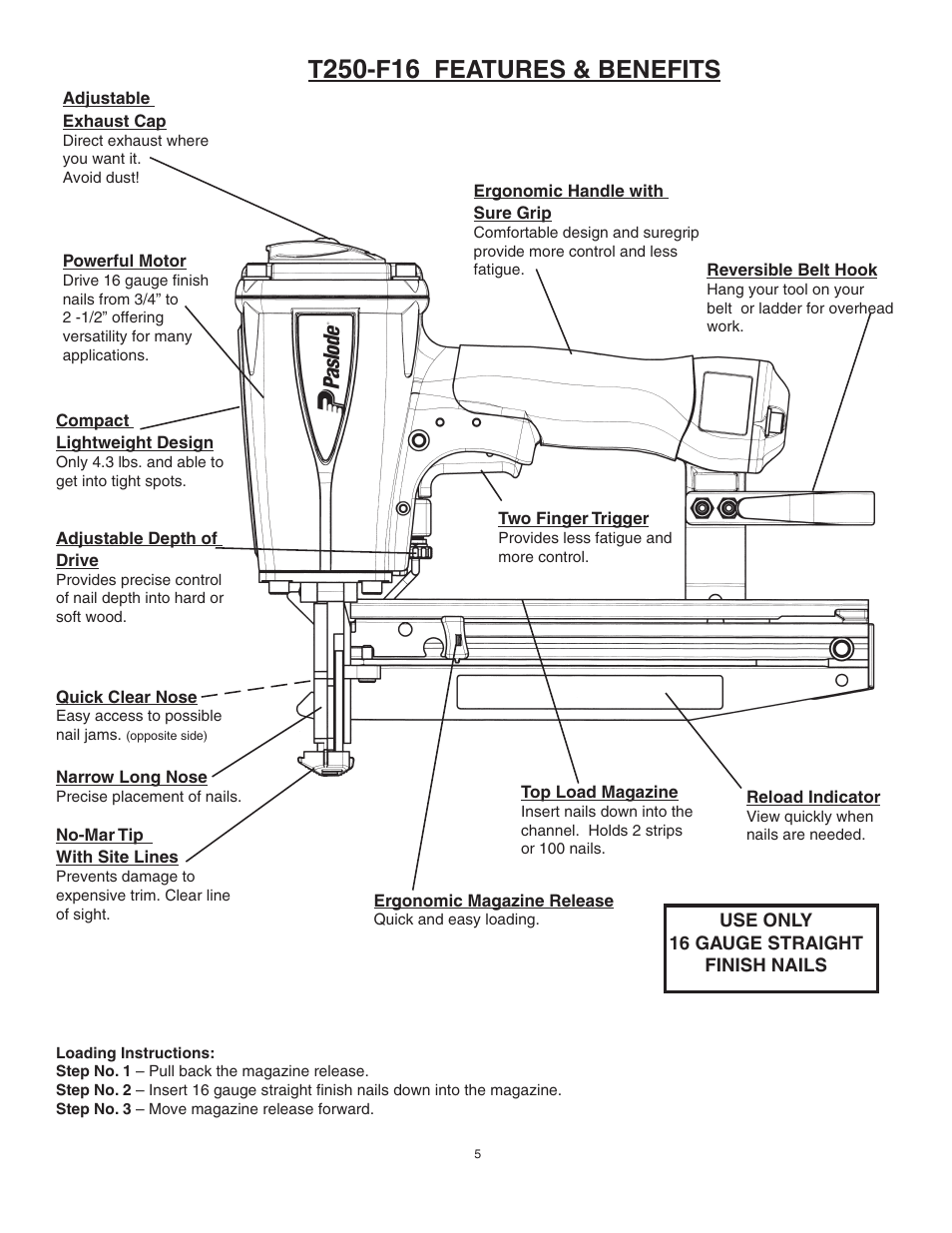 Features & benefits | Paslode T250-F16 16 Gauge Straight Finish Nailer User Manual | Page 5 / 8