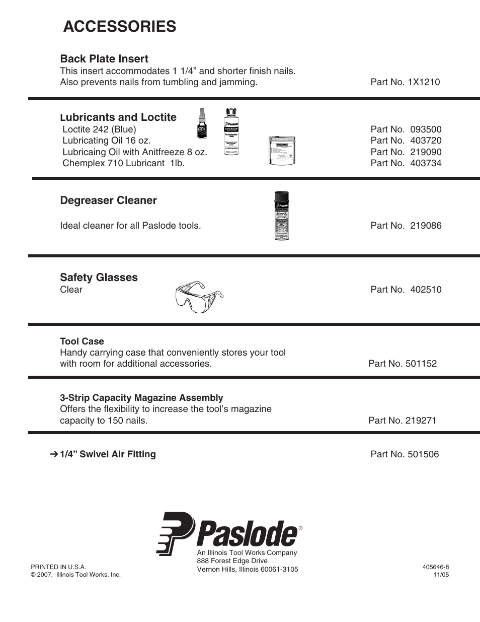 Accessories | Paslode T250-F16 16 Gauge Straight Finish Nailer User Manual | Page 8 / 8