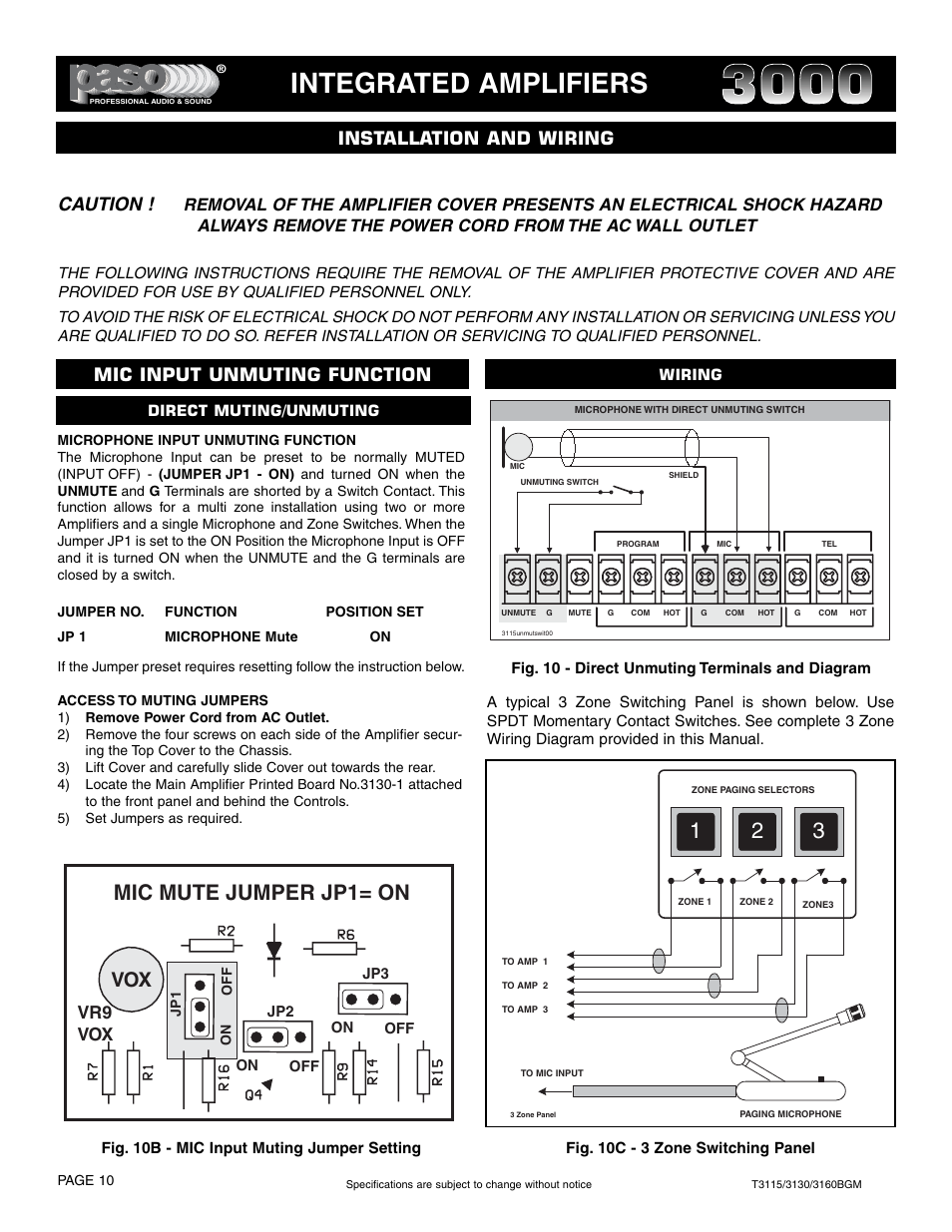 Integrated amplifiers, Mic mute jumper jp1= on, Caution | Installation and wiring, Mic input unmuting function, Vr9 vox | Paso Sound T3115BGM User Manual | Page 10 / 24