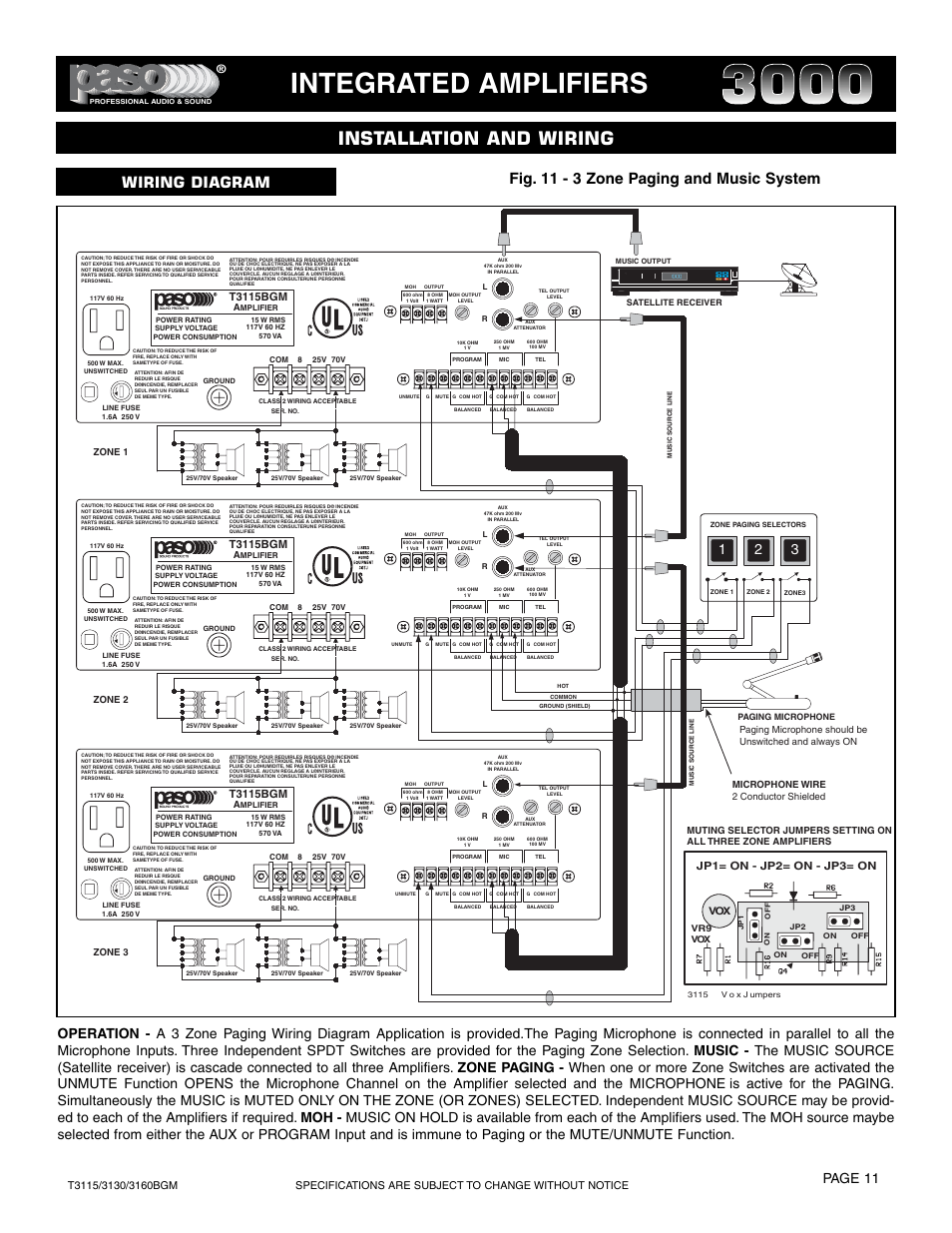 Integrated amplifiers, Installation and wiring, Fig. 11 - 3 zone paging and music system | Wiring diagram, Page 11, T3115bgm, Jp1= on - jp2= on - jp3= on | Paso Sound T3115BGM User Manual | Page 11 / 24