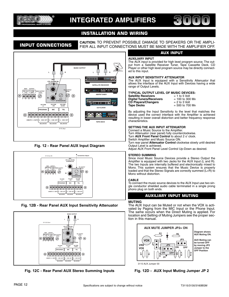 Integrated amplifiers, Installation and wiring input connections, Fig. 12d - aux input muting jumper jp 2 | Page 12, Caution, Aux mute jumper jp2= on | Paso Sound T3115BGM User Manual | Page 12 / 24