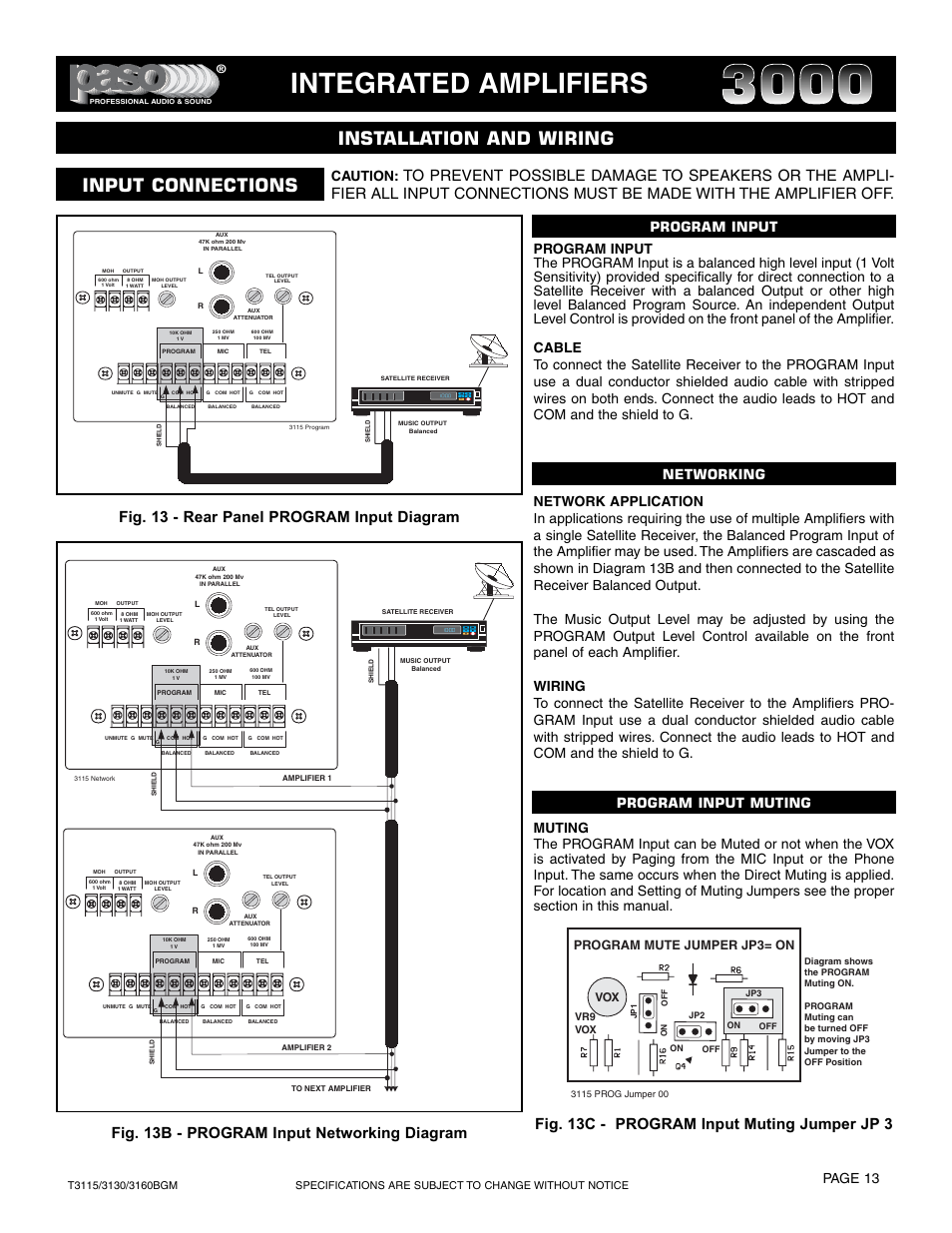 Integrated amplifiers, Installation and wiring, Input connections | Fig. 13 - rear panel program input diagram, Fig. 13b - program input networking diagram, Fig. 13c - program input muting jumper jp 3, Page 13, Program input program input muting, Program mute jumper jp3= on | Paso Sound T3115BGM User Manual | Page 13 / 24