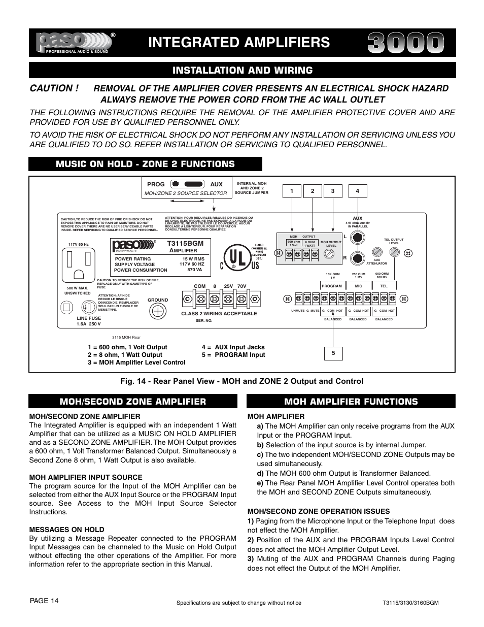 Integrated amplifiers, Caution, Installation and wiring | Music on hold - zone 2 functions, Moh/second zone amplifier, Page 14, T3115bgm | Paso Sound T3115BGM User Manual | Page 14 / 24