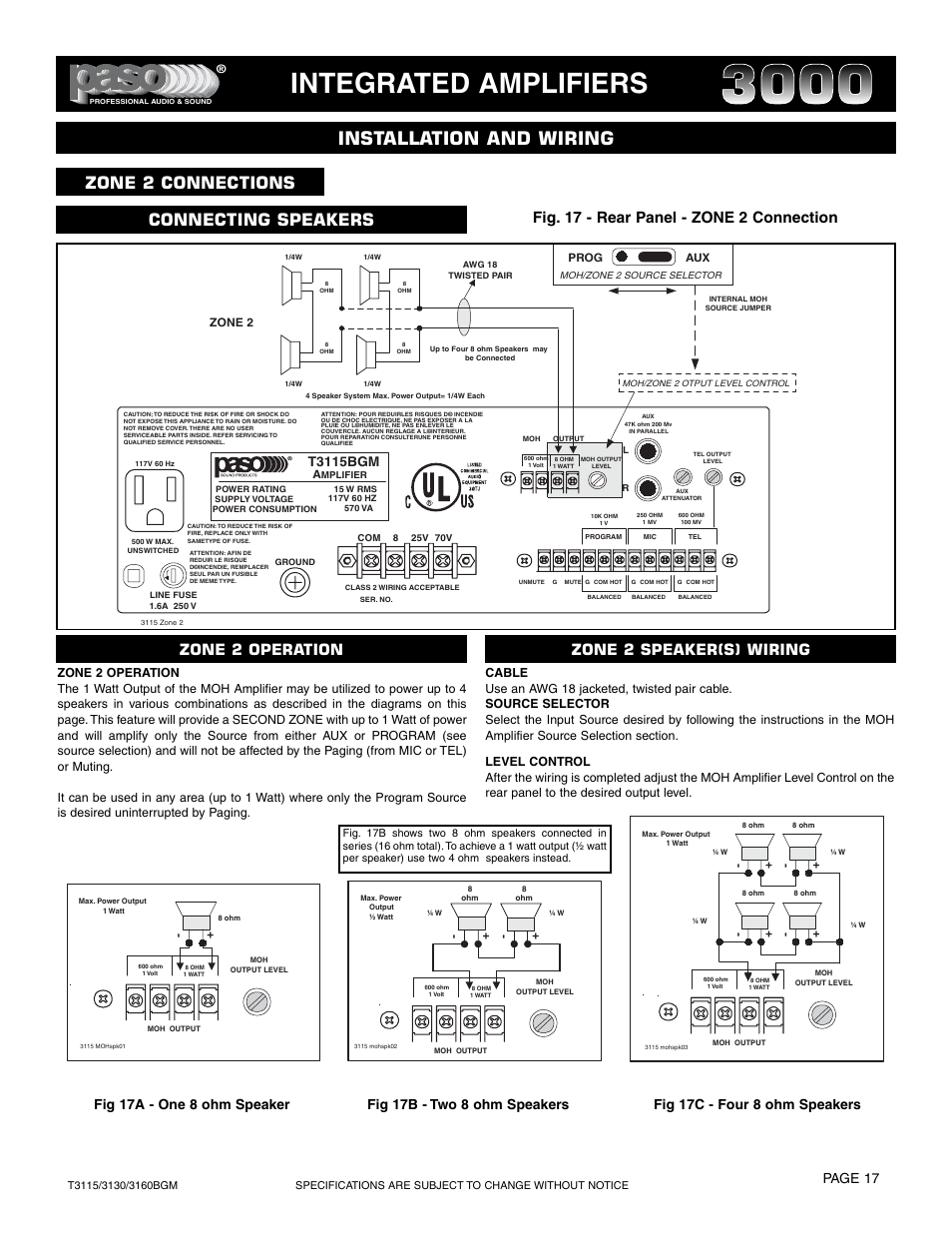 Integrated amplifiers, Installation and wiring, Zone 2 connections | Connecting speakers, Fig. 17 - rear panel - zone 2 connection, Zone 2 operation zone 2 speaker(s) wiring, Page 17, Fig 17a - one 8 ohm speaker, T3115bgm | Paso Sound T3115BGM User Manual | Page 17 / 24