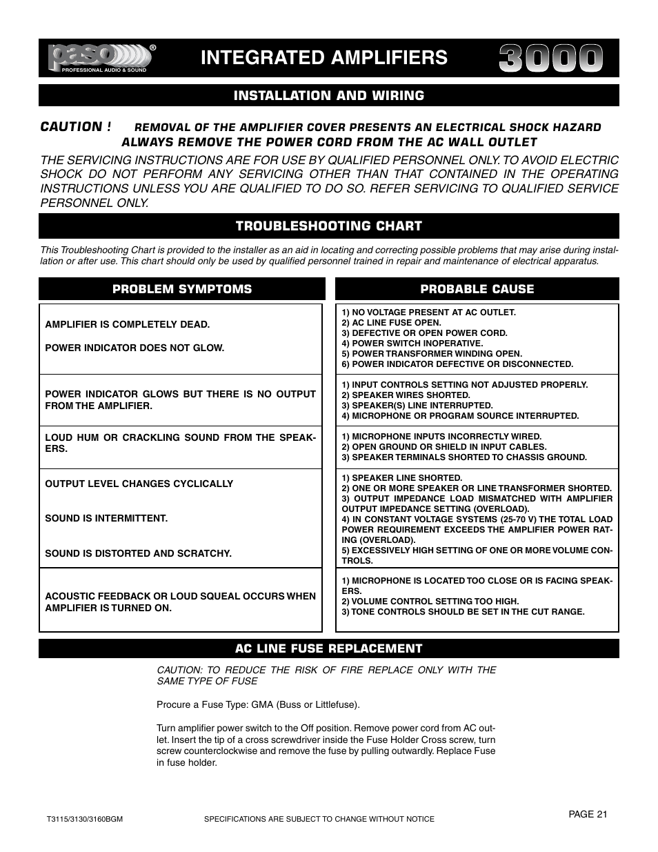 Integrated amplifiers, Installation and wiring, Troubleshooting chart | Caution | Paso Sound T3115BGM User Manual | Page 21 / 24