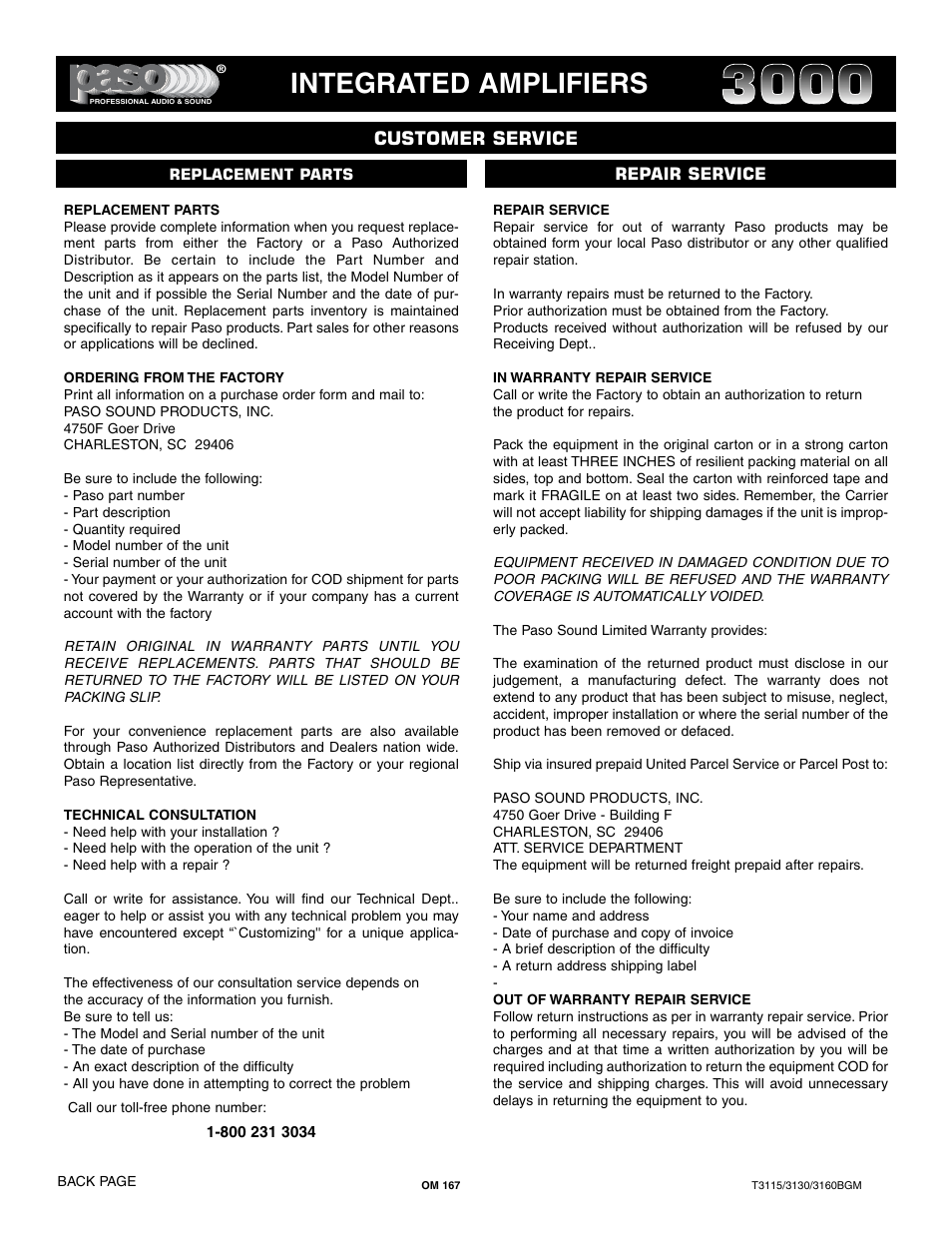 Integrated amplifiers, Customer service | Paso Sound T3115BGM User Manual | Page 24 / 24