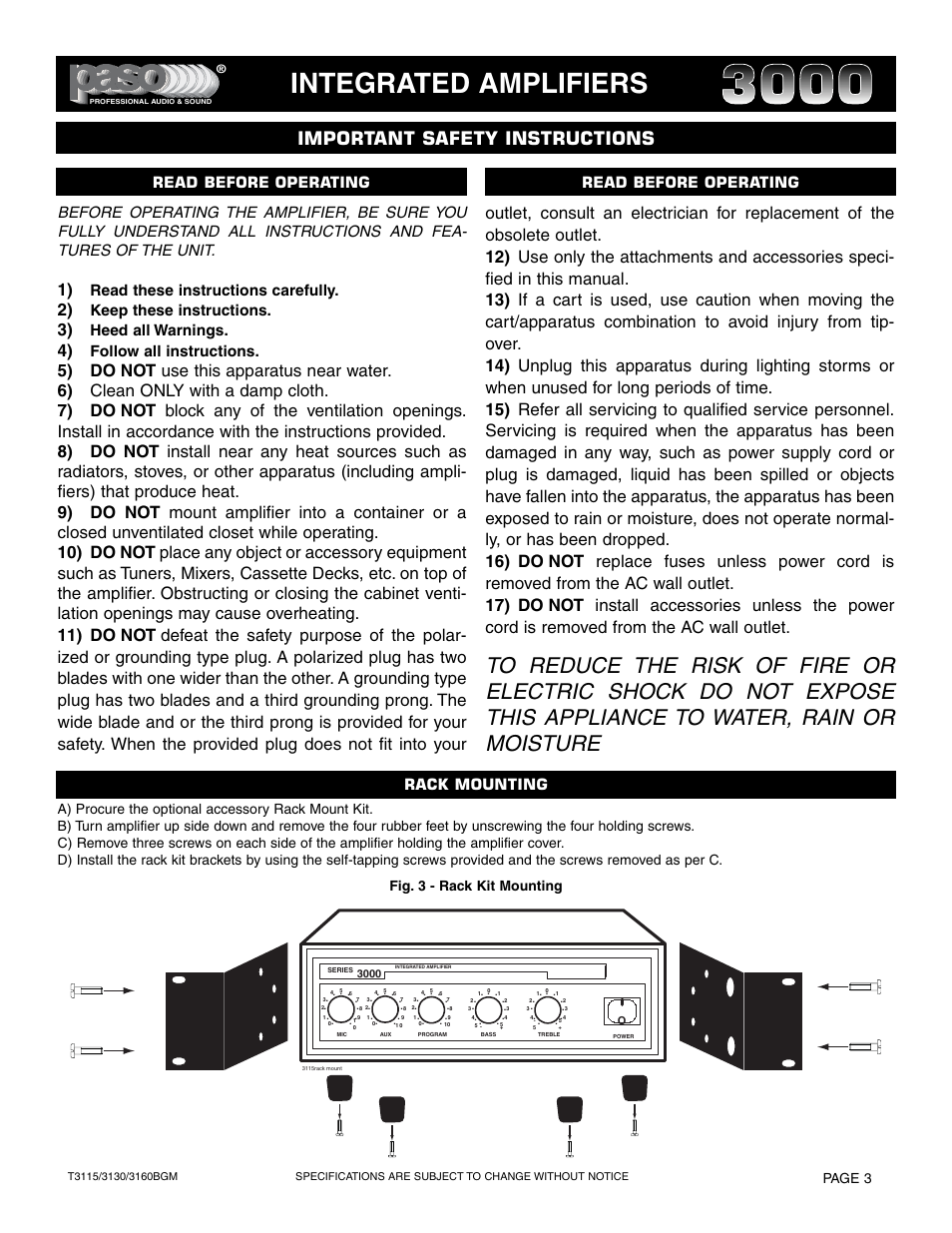 Integrated amplifiers, Important safety instructions, Read these instructions carefully | Keep these instructions, Heed all warnings, Follow all instructions, Page 3, Fig. 3 - rack kit mounting | Paso Sound T3115BGM User Manual | Page 3 / 24