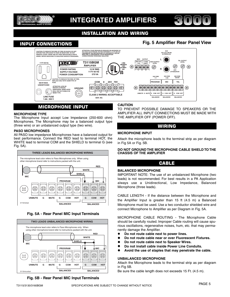 Integrated amplifiers, Installation and wiring, Input connections microphone input | Wiring cable, Fig. 5 amplifier rear panel view, Fig. 5a - rear panel mic input terminals, Fig. 5b - rear panel mic input terminals, Page 5, T3115bgm | Paso Sound T3115BGM User Manual | Page 5 / 24