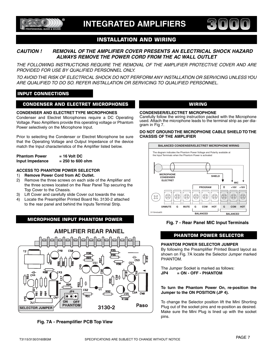 Integrated amplifiers, Amplifier rear panel, Installation and wiring | Paso Sound T3115BGM User Manual | Page 7 / 24