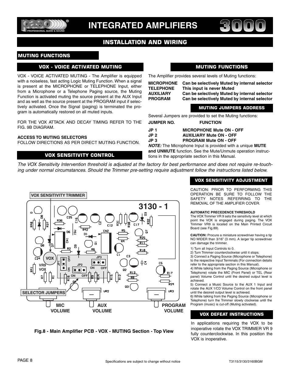 Integrated amplifiers, Installation and wiring | Paso Sound T3115BGM User Manual | Page 8 / 24