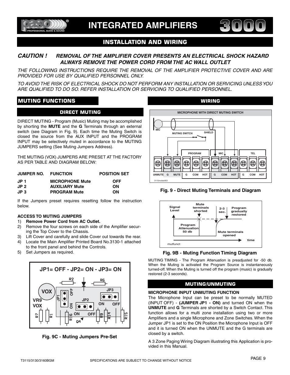 Integrated amplifiers, Caution, Installation and wiring | Jp1= off - jp2= on - jp3= on, Muting functions | Paso Sound T3115BGM User Manual | Page 9 / 24