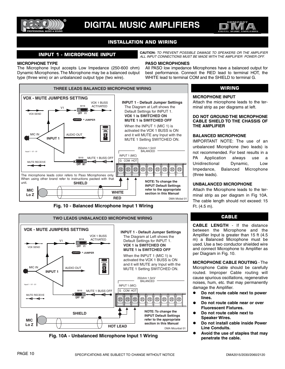 Digital music amplifiers, Input 1 - microphone input, Wiring cable | Fig. 10 - balanced microphone input 1 wiring | Paso Sound DMA2015 User Manual | Page 10 / 32