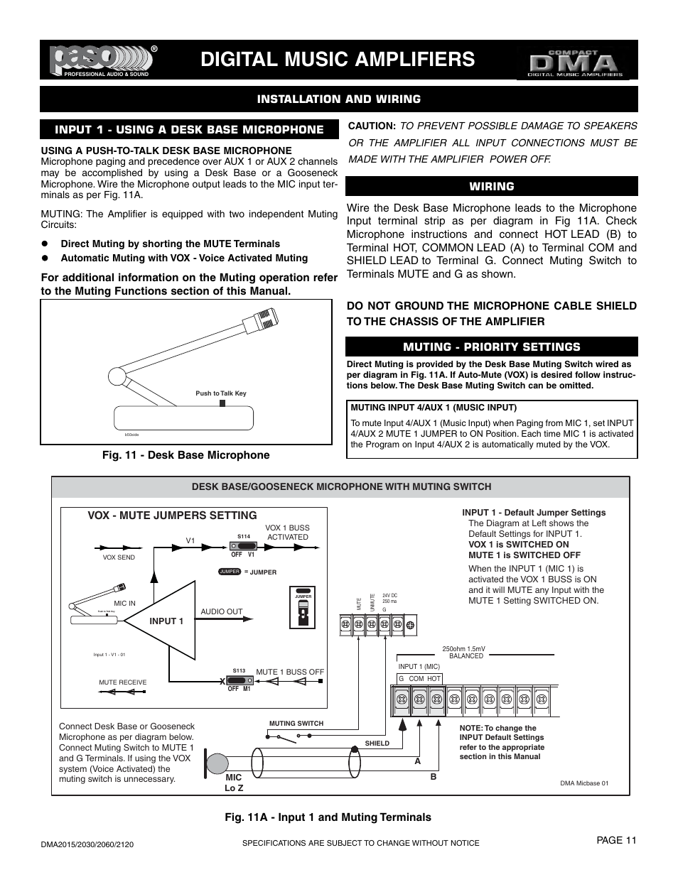 Digital music amplifiers, Installation and wiring, Vox - mute jumpers setting | Paso Sound DMA2015 User Manual | Page 11 / 32