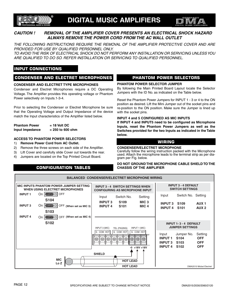 Digital music amplifiers, Input connections configuration tables, Condenser and electret microphones wiring | Phantom power selectors | Paso Sound DMA2015 User Manual | Page 12 / 32