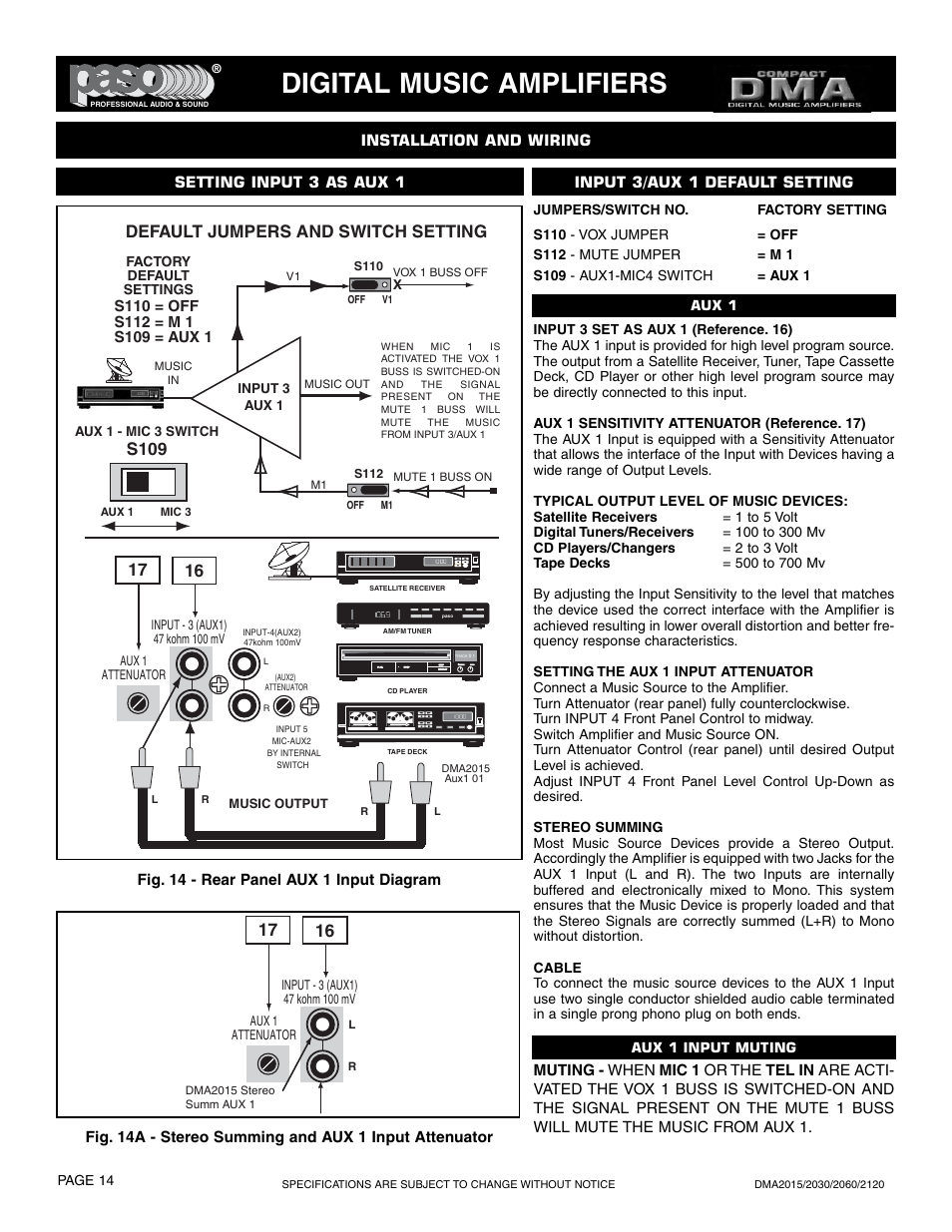 Digital music amplifiers, S109, Default jumpers and switch setting | Paso Sound DMA2015 User Manual | Page 14 / 32