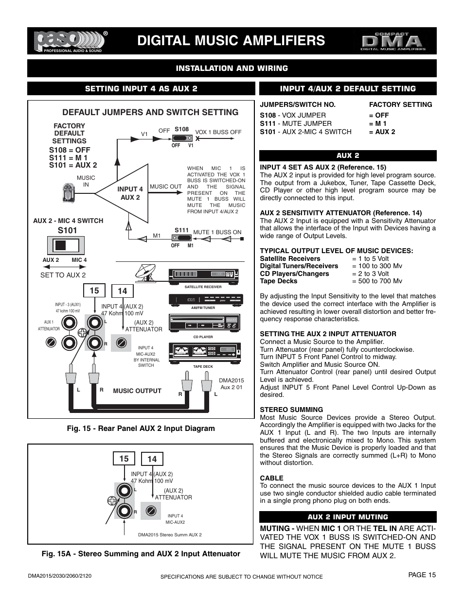 Digital music amplifiers, S101, Default jumpers and switch setting | Paso Sound DMA2015 User Manual | Page 15 / 32