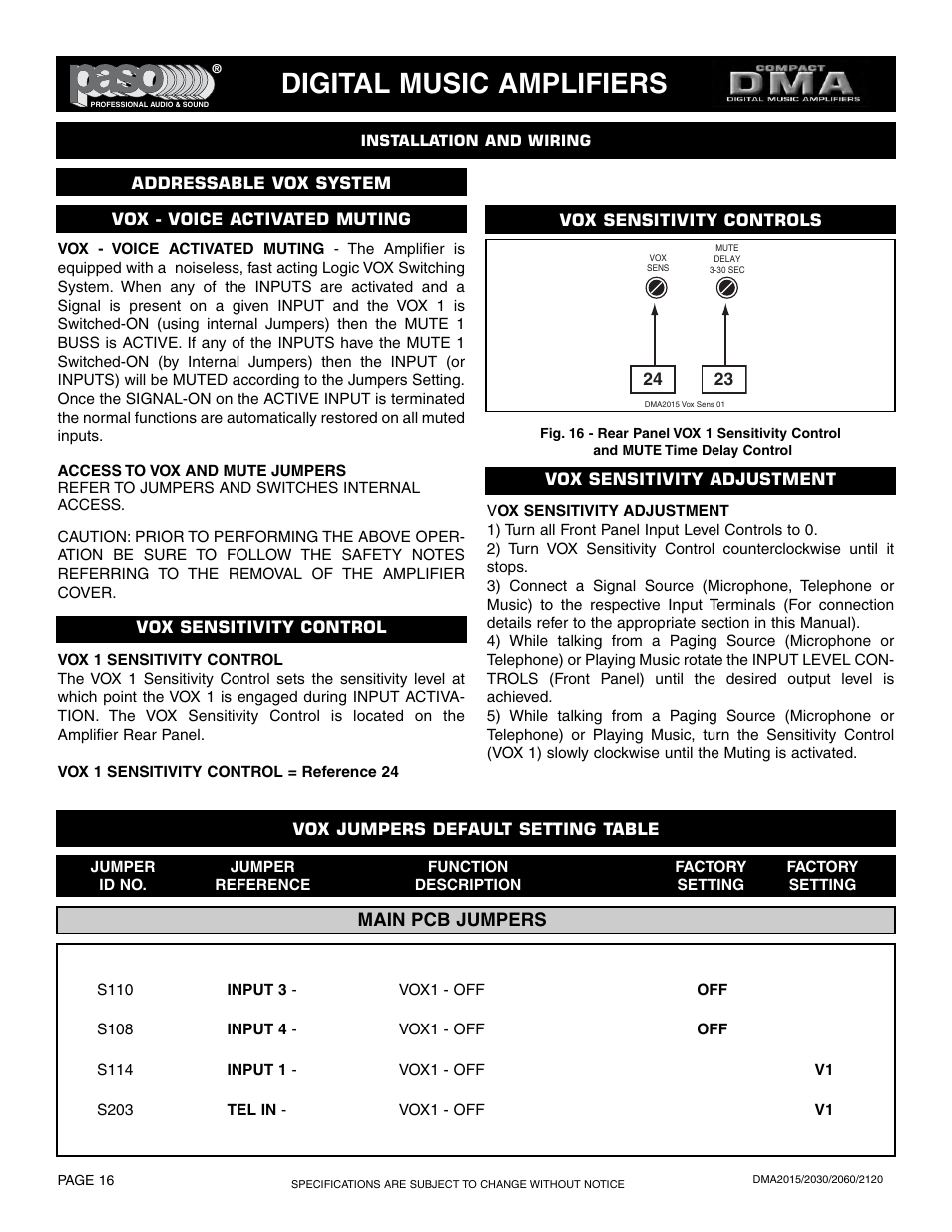 Digital music amplifiers, Main pcb jumpers | Paso Sound DMA2015 User Manual | Page 16 / 32