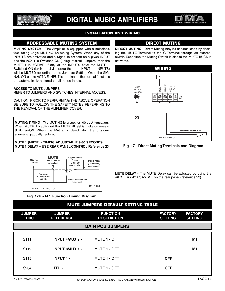 Digital music amplifiers, Main pcb jumpers, Addressable muting system | Direct muting wiring, Mute jumpers default setting table | Paso Sound DMA2015 User Manual | Page 17 / 32