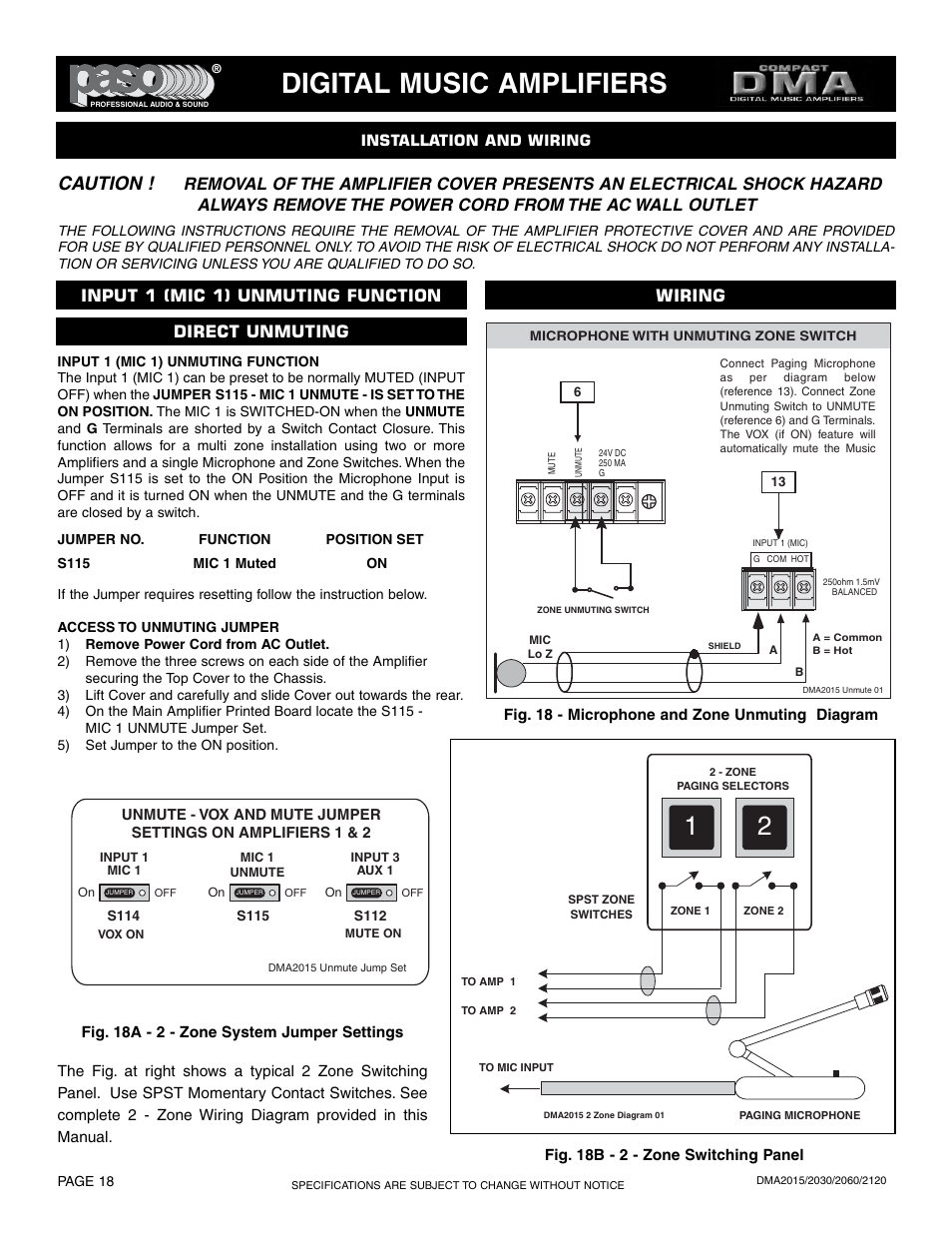 Digital music amplifiers, Caution, Input 1 (mic 1) unmuting function | Paso Sound DMA2015 User Manual | Page 18 / 32