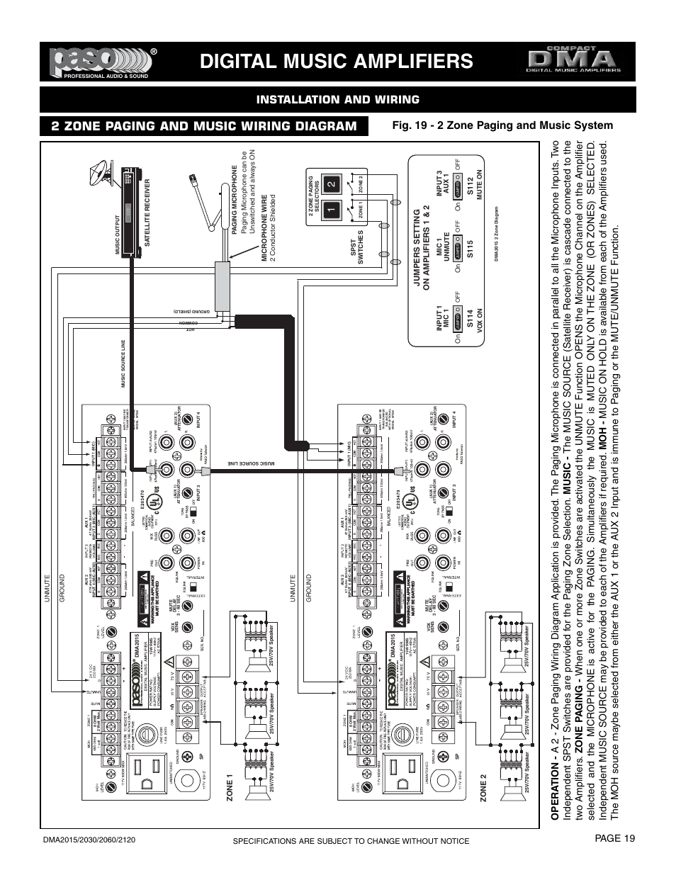 Digital music amplifiers, 2 zone paging and music wiring diagram, Installation and wiring | Fig. 19 - 2 zone paging and music system, Page 19 | Paso Sound DMA2015 User Manual | Page 19 / 32
