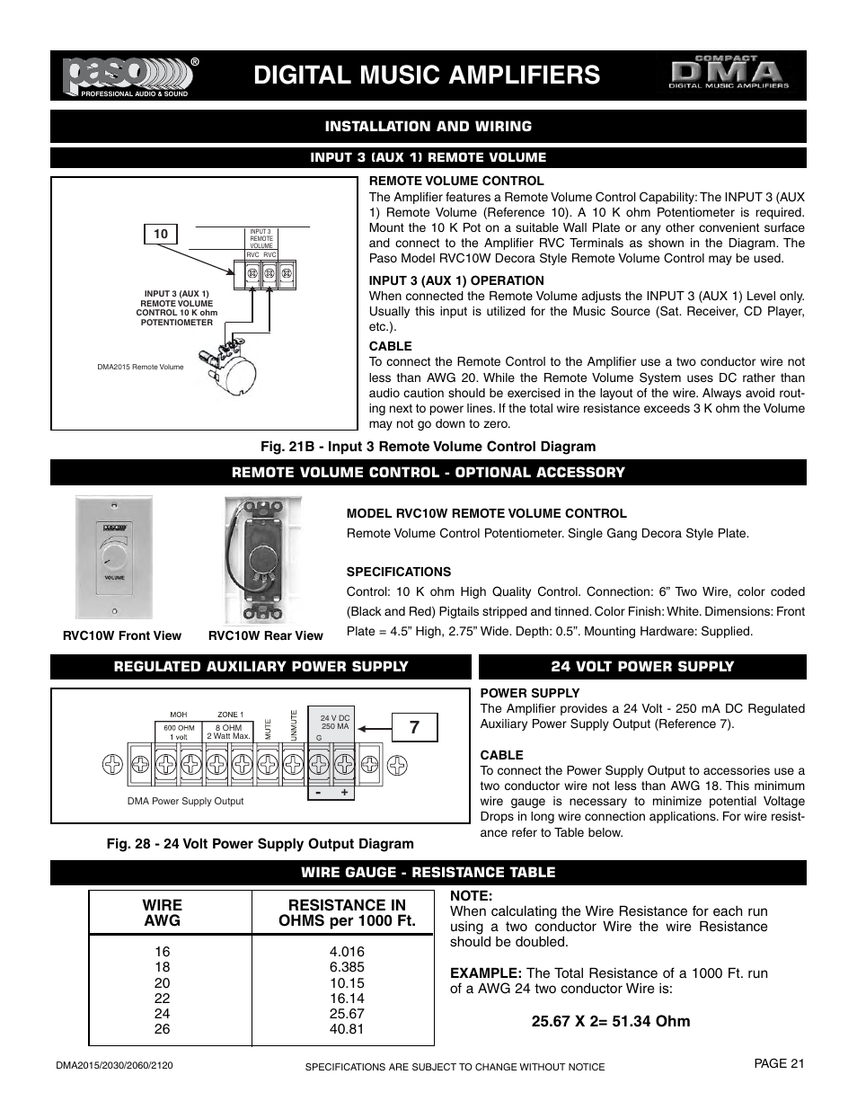 Digital music amplifiers, Wire resistance in awg ohms per 1000 ft | Paso Sound DMA2015 User Manual | Page 21 / 32