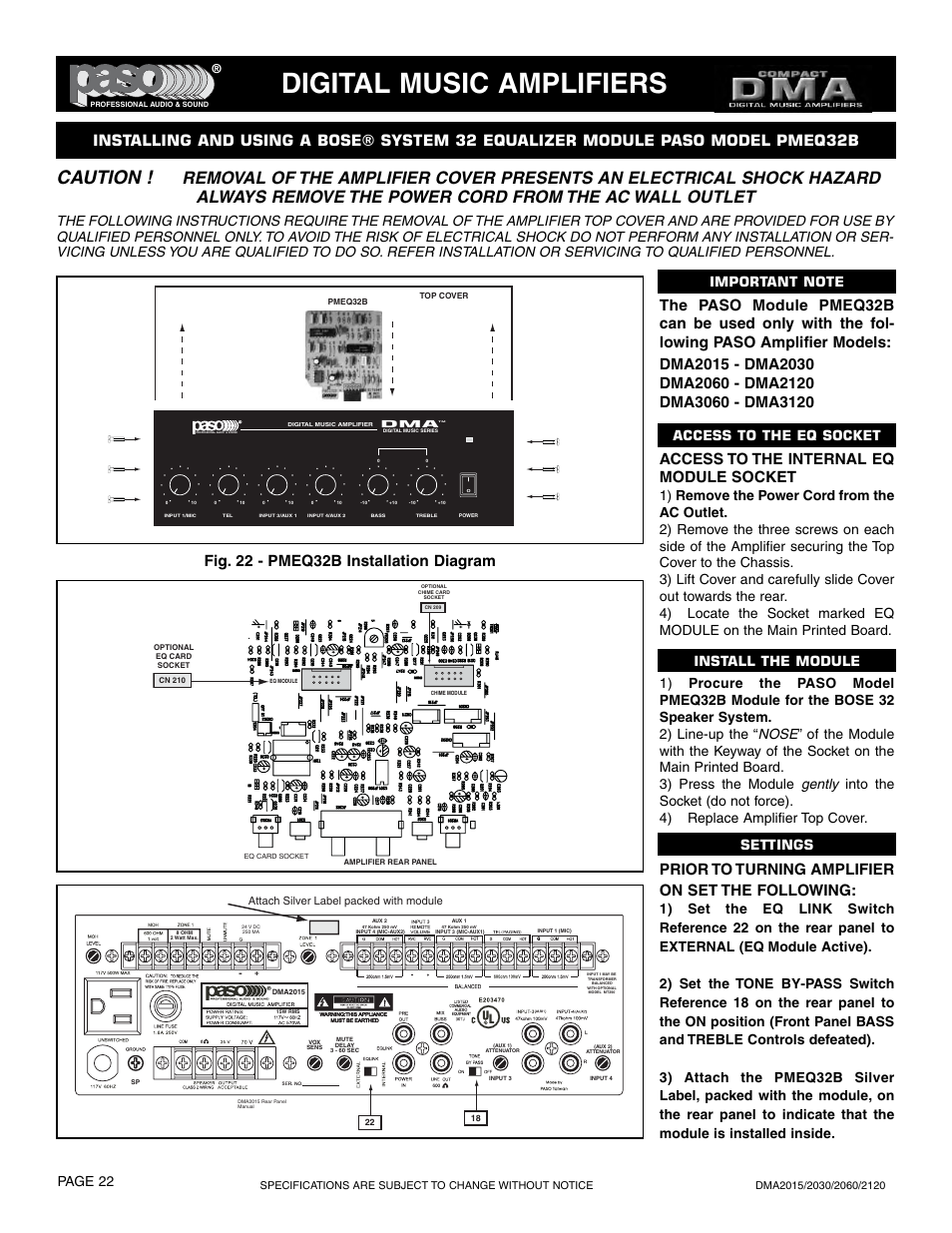 Digital music amplifiers, Caution, Access to the internal eq module socket | Prior to turning amplifier on set the following, Page 22, Access to the eq socket | Paso Sound DMA2015 User Manual | Page 22 / 32
