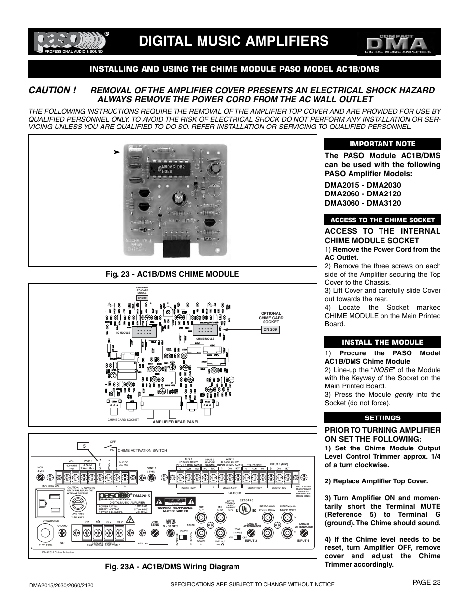 Digital music amplifiers, Caution, Access to the internal chime module socket | Prior to turning amplifier on set the following, Page 23, Output level trimmer | Paso Sound DMA2015 User Manual | Page 23 / 32