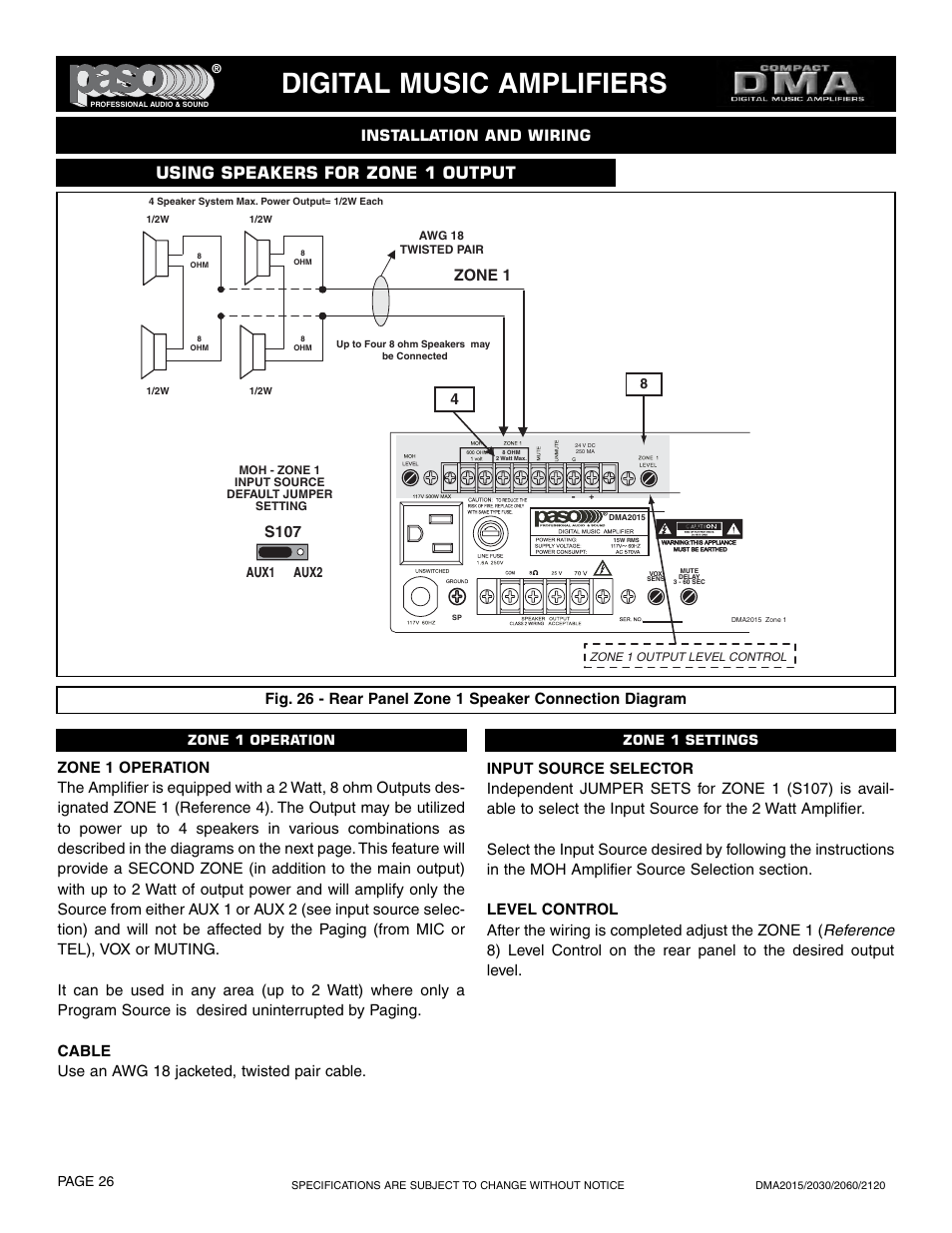 Digital music amplifiers, Using speakers for zone 1 output, Installation and wiring | Zone 1, S107, Page 26, Zone 1 operation zone 1 settings | Paso Sound DMA2015 User Manual | Page 26 / 32