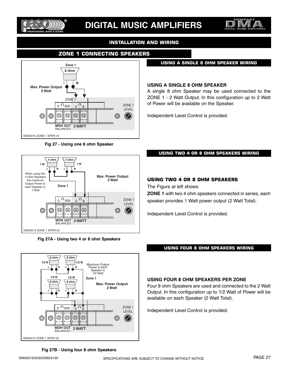 Digital music amplifiers, Zone 1 connecting speakers | Paso Sound DMA2015 User Manual | Page 27 / 32