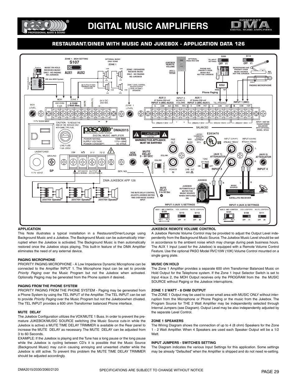 Digital music amplifiers, Page 29, B50side | S107, Priority paging, Chatter, Aux1 aux2 | Paso Sound DMA2015 User Manual | Page 29 / 32